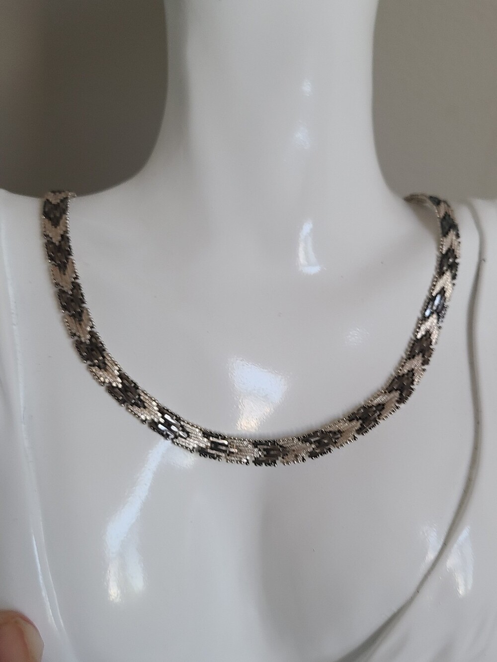 Vintage 925 Italy Two Tone Sterling Silver Grey Woven Mesh Collar Flat Necklace